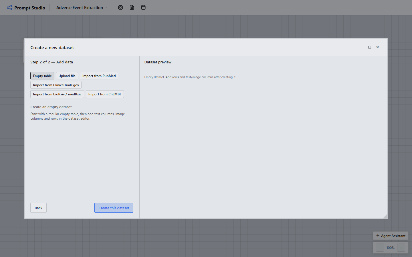 Creating a dataset: pick a source, then Create. Empty table starts you with a single blank column; rows and extra columns are added afterward in the dataset editor.