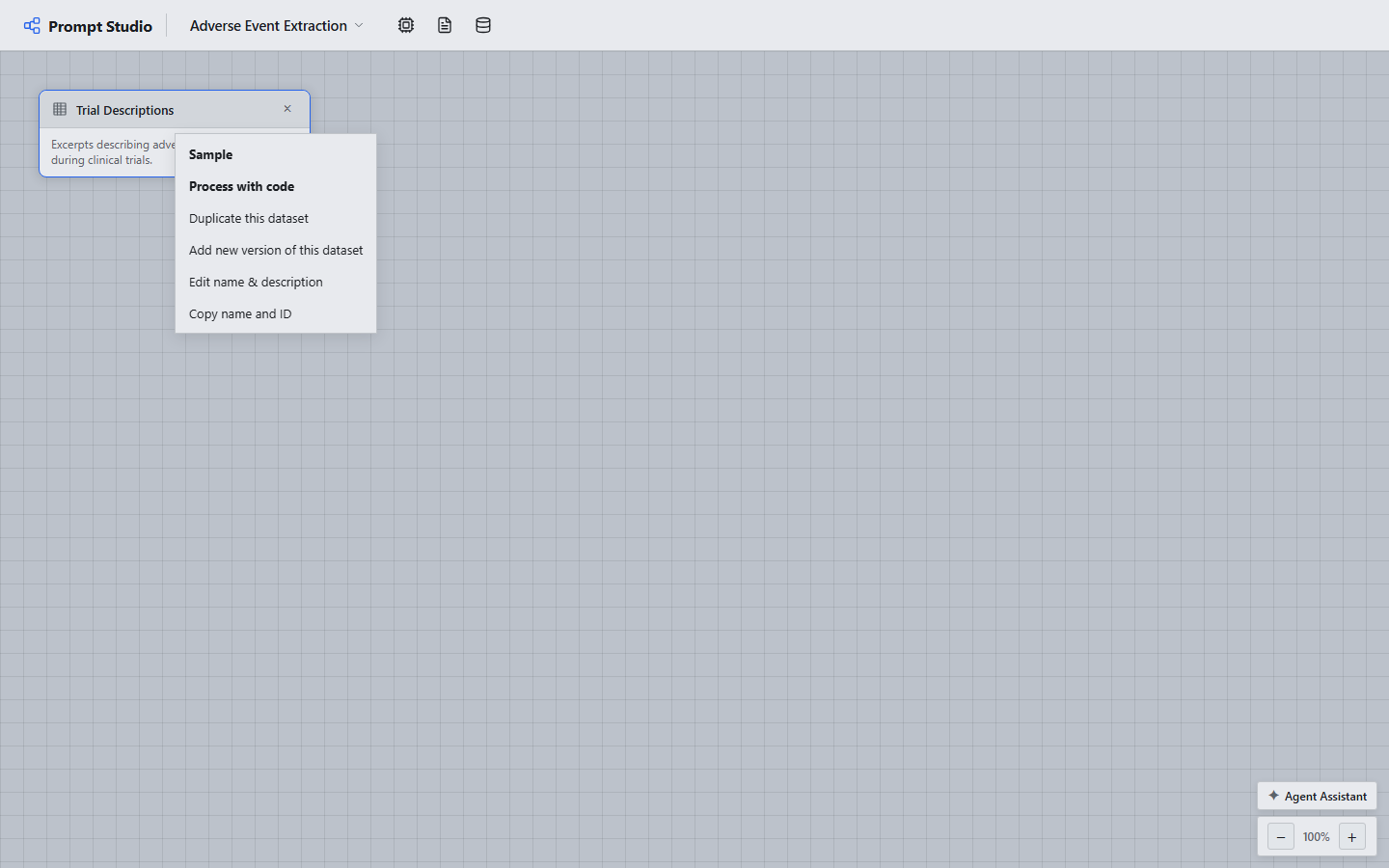 Right-click a dataset node: Process with code creates a connected Process node.