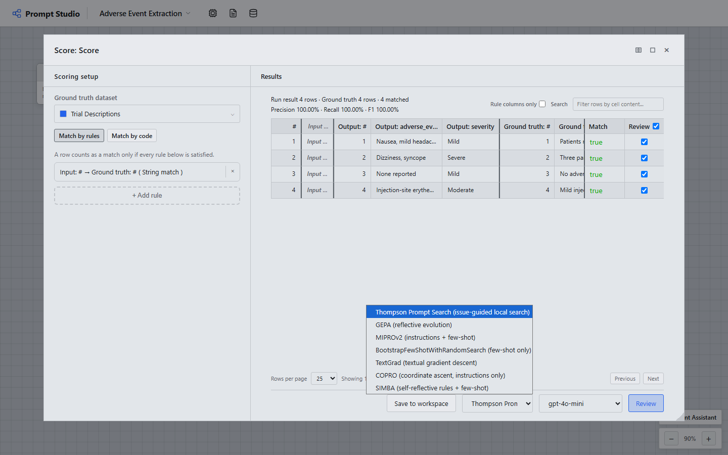 A Score node: ground truth dataset, a matching rule, computed precision/recall/F1, and the review-method dropdown.