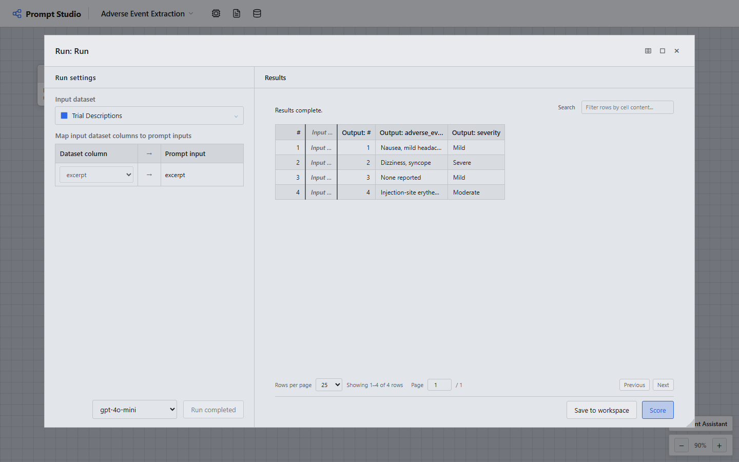 A finished run: one output row per input row, with the fields defined in the prompt's output schema.